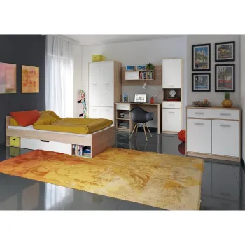 Set dormitor TIPS, 6 piese, pat 90x200 cm, dulap 4 usi, biblioteca, birou, comoda, raft, stejar sonoma + alb imagine