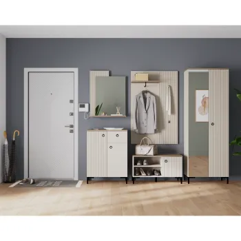 Set hol DOMINICA, 5 piese, dulap 2 usi cu oglinda, comoda, pantofar, cuier, oglinda, taupe + stejar silverjack, 225x41x199 cm imagine