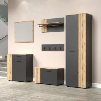 Set hol ESTEBAN, 6 piese, dulap 2 usi, pantofar, cuier cu un raft, cuier, comoda, oglinda, grafit + stejar evok, 220x36x195 cm imagine