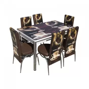 Set Lara, masa extensibila cu 6 scaune print, maro cafea, 130 165x80x79 cm imagine