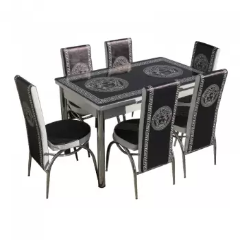 Set Lara, masa extensibila cu 6 scaune print, negru, 130 165x80x79 cm imagine