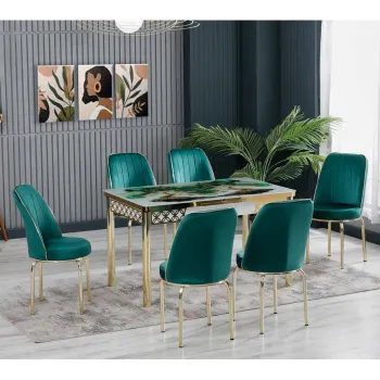 Set LION GOLD, masa extensibila cu 6 scaune, dreptunghiulara, alb print verde + auriu + verde, 130 170x80x75 cm imagine