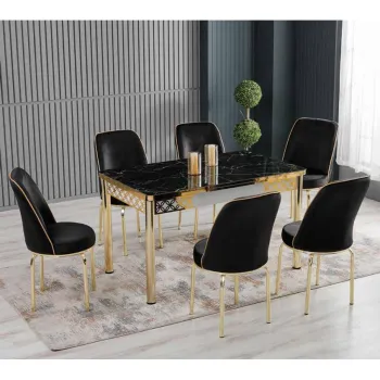 Set LION GOLD, masa extensibila cu 6 scaune, dreptunghiulara, marmura negru + auriu + negru, 130 170x80x75 cm imagine