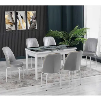 Set LION SILVER, masa extensibila cu 6 scaune, dreptunghiulara, marmura + alb + gri, 130 170x80x75 cm imagine