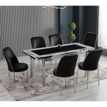 Set LION SILVER, masa extensibila cu 6 scaune, dreptunghiulara, marmura + argintiu + negru, 130 170x80x75 cm imagine