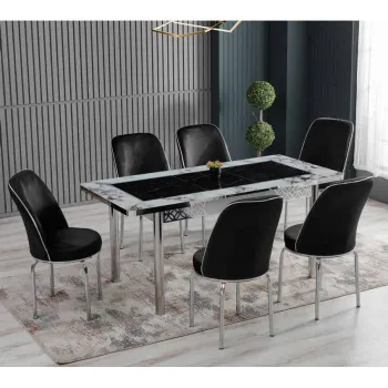 Set LION SILVER, masa extensibila cu 6 scaune, dreptunghiulara, marmura + argintiu + negru, 130 170x80x75 cm imagine