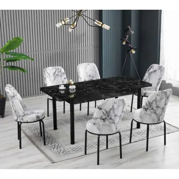 Set LION WOOD, masa extensibila cu 6 scaune, dreptunghiulara, marmura negru + alb, 130 170x80x75 cm imagine
