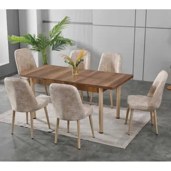 Set LION WOOD, masa extensibila cu 6 scaune, dreptunghiulara, maro + bej, 130 170x80x75 cm imagine