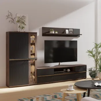 Set Living CANDY, 3 corpuri, cu lumini LED, vitrina C2a, comoda C4, etajera C6, grafit imagine