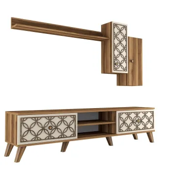 Set Living CLASS S, comoda TV cu raft de perete si dulapuri, nuc + crem imagine