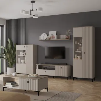 Set Living DOMINICA, 5 piese, 2 vitrine, comoda TV,  masuta de cafea, raft suspendat, taupe + stejar silverjack, 290x41x199 cm imagine
