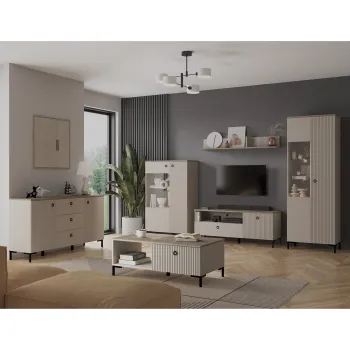 Set Living DOMINICA, 6 piese, 2 vitrine, comoda TV, comoda, masuta de cafea, raft suspendat, taupe + stejar silverjack, 440x41x199 cm imagine