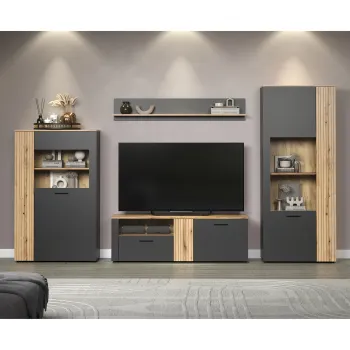 Set Living ESTEBAN, 4 piese, 2 vitrine, comoda TV, raft suspendat, grafit + stejar evok, 320x42x195 cm imagine