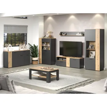Set Living ESTEBAN, 6 piese, 2 vitrine, 2 comode, masuta, raft suspendat, grafit + stejar evok 320x42x195 cm imagine