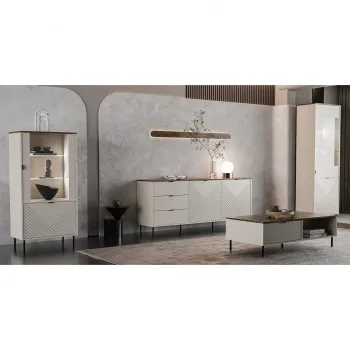 Set Living EVO, 4 piese, 2 vitrine, comoda, masuta cafea, casmir + stejar castello, 315x40x135 cm imagine