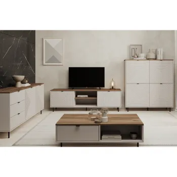 Set Living EVO, 4 piese, comoda TV, comoda, biblioteca, masuta cafea, casmir + stejar castello, 490,2x40x135,2 cm imagine