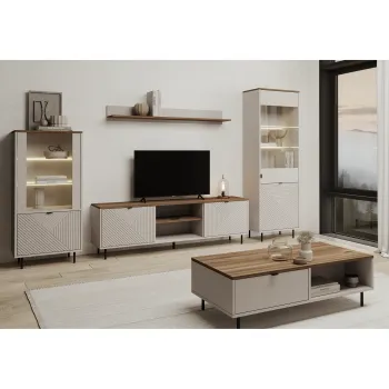 Set Living EVO, 5 piese, 2 vitrine, comoda TV, masuta cafea, raft suspendat, casmir + stejar castello, 315x40x195 cm imagine