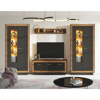 Set Living FOX, 4 corpuri, cu lumini LED, 2 x vitrina FOX2, comoda FOX4, etajera FOX6, corp eger, fronturi MDF eger + negru imagine