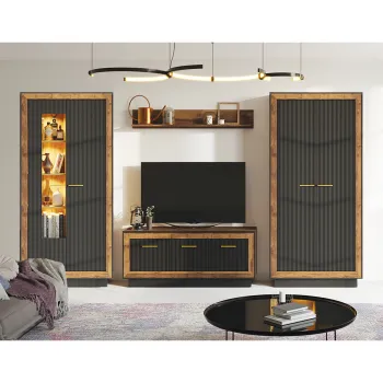 Set Living FOX, 4 corpuri, cu lumini LED, dulap FOX1, vitrina FOX2, comoda FOX4, etajera FOX6, corp eger, fronturi MDF eger + negru imagine