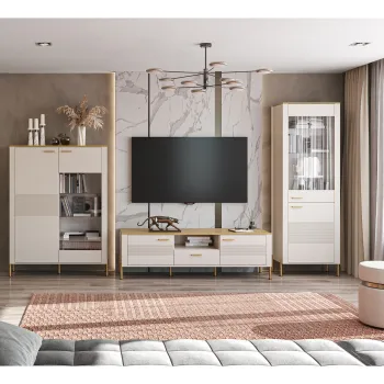 Set Living RUBEN, 3 piese, comoda TV, 2 vitrine, casmir + stejar piatra, 360x50x153 cm imagine