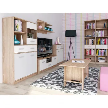 Set Living TIPS, 7 piese, comoda TV, 2 biblioteci deschise, comoda, vitrina, masuta de cafea, raft suspendat, stejar sonoma + alb imagine