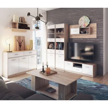 Set Living TIPS, 7 piese, comoda TV, 2 vitrine, comoda, masuta de cafea, 2 rafturi, stejar sonoma + alb imagine