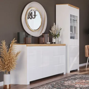 Set Living VIGO, 3 piese, comoda TV, vitrina, masuta de cafea,  alb  + stejar wotan imagine