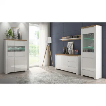 Set Living VIGO, 4 piese, 2 vitrine, comoda, raft suspendar, alb  + stejar wotan imagine