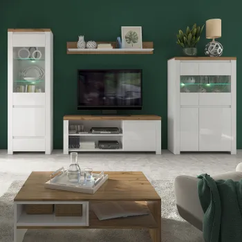 Set Living VIGO, 5 piese, comoda TV, 2 vitrine, masuta de cafea, raft suspendat, alb  + stejar wotan, 322x41,5x202 cm imagine