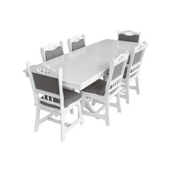 Set masa extensibila EUROPA dreptunghiulara cu 6 scaune FLANDER stofa gri, lemn masiv, alb, 160 240x90x70 cm imagine