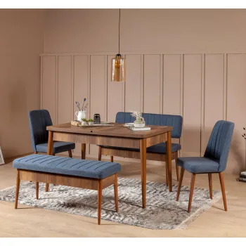Set masa extensibila si scaune VINA, 5 piese, nuc + albastru inchis, 165x80x75 cm imagine