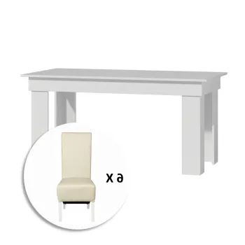 Set masa MONTILLA dreptungiulara cu 6 scaune VANESSA, alb + piele ecologica crem, 160x80x75 cm imagine