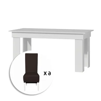 Set masa MONTILLA dreptungiulara cu 6 scaune VANESSA, alb + piele ecologica maro inchis, 160x80x75 cm imagine