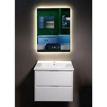 Set mobilier baie PVC alb Andra YJ-60-800 cu lavoar ceramic si oglinda cu LED antiaburire 80 cm imagine