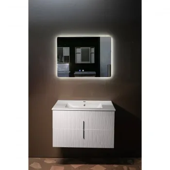 Set mobilier baie PVC alb riflat Cristina YJ-064-600 cu lavoar ceramic si oglinda cu LED antiaburire 60 cm imagine