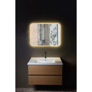 Set mobilier baie PVC maro Ioana YJ-065-600 cu lavoar ceramic si oglinda LED cu antiaburire 60 cm imagine