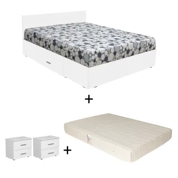 Set Pat Alma, cu sertar, alb + Saltea superortopedica, 160x200 cm + 2 Noptiere ALMA, 2 sertare imagine
