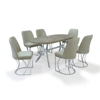 Set TIMARA, masa cu 6 scaune, ovala, 6 persoane, marmura alanya + argintiu + bej, 160x80 cm imagine