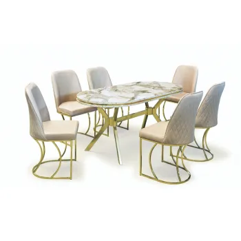 Set TIMARA, masa cu 6 scaune, ovala, 6 persoane, marmura + auriu + bej, 160x80 cm imagine