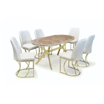 Set TIMARA, masa cu 6 scaune, ovala, 6 persoane, marmura + auriu + crem, 160x80 cm imagine