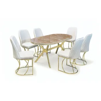 Set TIMARA, masa cu 6 scaune, ovala, 6 persoane, marmura + auriu + crem, 160x80 cm imagine