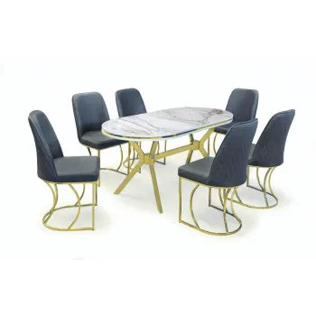 Set TIMARA, masa cu 6 scaune, ovala, 6 persoane, marmura + auriu + gri, 160x80 cm imagine