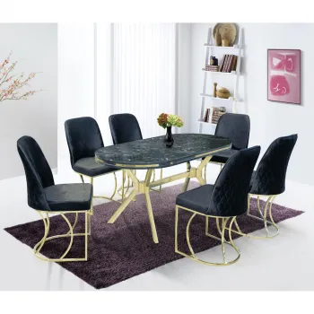 Set TIMARA, masa cu 6 scaune, ovala, 6 persoane, marmura + auriu + negru, 160x80 cm imagine