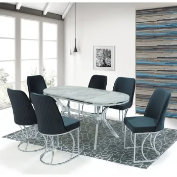 Set TIMARA, masa cu 6 scaune, ovala, 6 persoane, marmura bermuda + argintiu + gri, 160x80 cm imagine