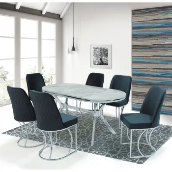 Set TIMARA, masa cu 6 scaune, ovala, 6 persoane, marmura bermuda + argintiu + gri, 160x80 cm imagine