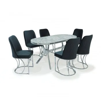 Set TIMARA, masa cu 6 scaune, ovala, 6 persoane, marmura carrara+ argintiu + gri, 160x80 cm imagine