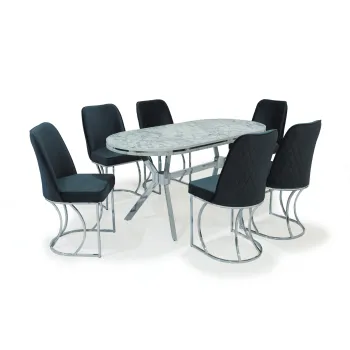 Set TIMARA, masa cu 6 scaune, ovala, 6 persoane, marmura carrara+ argintiu + gri, 160x80 cm imagine