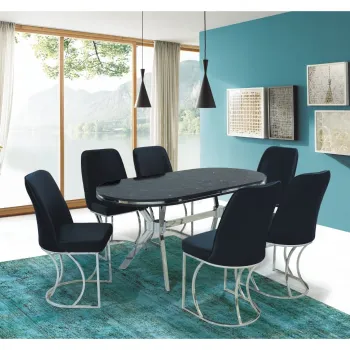 Set TIMARA, masa cu 6 scaune, ovala, 6 persoane, marmura lotus + argintiu + negru, 160x80 cm imagine