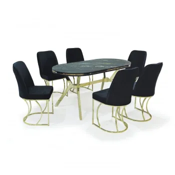 Set TIMARA, masa cu 6 scaune, ovala, 6 persoane, marmura luanda + auriu + negru, 160x80 cm imagine
