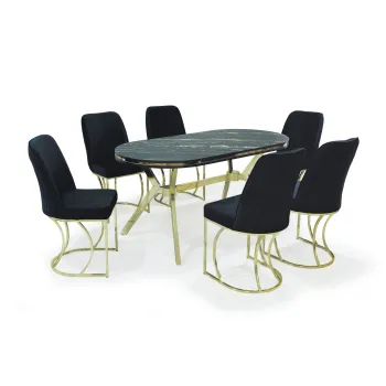 Set TIMARA, masa cu 6 scaune, ovala, 6 persoane, marmura luanda + auriu + negru, 160x80 cm imagine